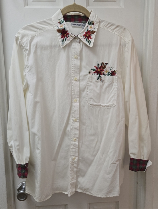 Cabin Creek Tops - CABIN CREEK Vintage Embroidered Floral Oversized 100% Cotton White Button Down L
